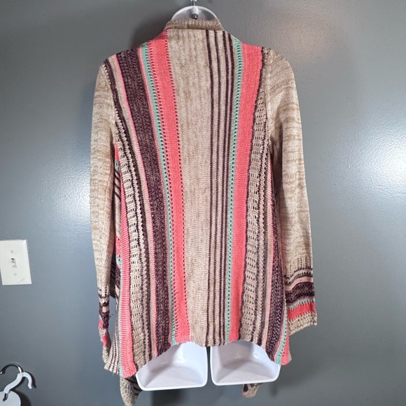 Boho Striped Open Front Draped Cardigan Sweater | Size M | Neutral Pink Teal - Picture 4 of 8